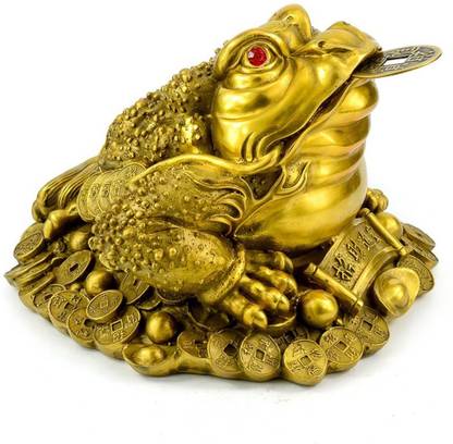 FOBHIYA Metalic Ceramic Feng Shui Triple Legged Frog with Coin in Mouth Decorative Showpiece for Good Luck, Home, Wisdom, Success, Wealth, Marriage, Prosperity, Happiness (Golden Colour) Decorative Showpiece  -  6.5 cm