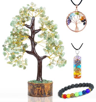 Hindcraft Green Jade Bonsai Money Tree With 2 Pendants & 1 Lava Bracelet Decorative Showpiece  -  30.48 cm