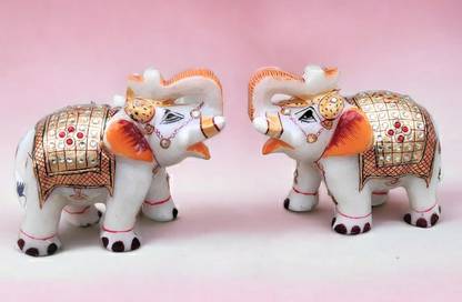 Pooja Creation Marble Pair Elephant With Beautiful Design And Color Unlimited Decorative Showpiece  -  8 cm
