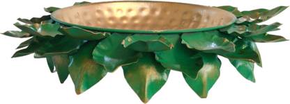 Metal Leaf Bowl, Green and Gold, Hammered Interior, Foliage Design 9 cm Handicraft & Artifact Showpiece