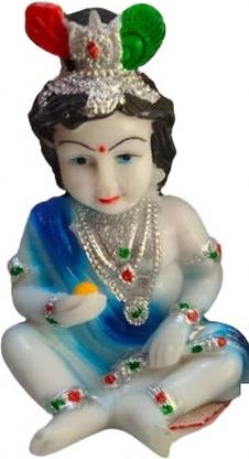 Girdhar Gopal Complete Fiber & POP Material Little Krishna Statue with Laddu-Perfect for Home Decor Decorative Showpiece  -  10 cm