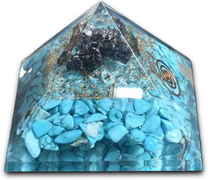 Reshamm Turquoise Black Tourmaline Pyramid for Black Magic & Negative Energy Blocker Decorative Showpiece  -  8 cm