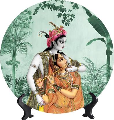 Shaivya Radhe Shyam Painting Wooden Round Shaped Table Top for Home Decorative Showpiece  -  0.5 cm