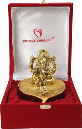INTERNATIONAL GIFT Gold Plated Patta Ganesh Idol Statue With Box & Bag | For Pooja, Mandir Decorative Showpiece  -  12 cm