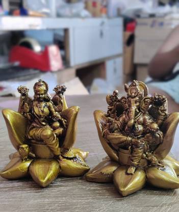 Shreeji Laxmi Ganesh Set Idol Showpiece | Resin Material with Gold Finished Decorative Showpiece  -  10 cm