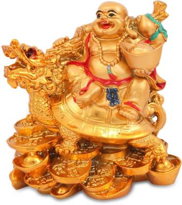 shakti 100% original Laughing Buddha Sitting on Dragon Tortoise Decorative Showpiece - 7 cm