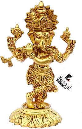 SUSAJJIT DECOR Lord Ganesha Idol Playing Flute Made of Brass Decorative Showpiece  -  20 cm