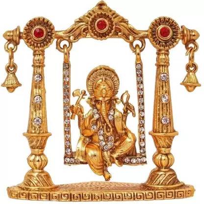 HUBZONES Gold Plated with Stone God Shri Ganesh Car Dashboard Statue Decorative Showpiece  -  7 cm
