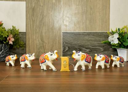 Ashamohar Rajasthani Handmade Elephant Showpiece Figurine Set of 6 Pcs for Pooja Room Decorative Showpiece  -  7 cm