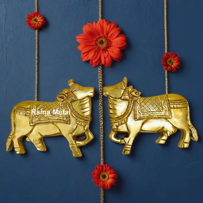 RAMA METAL Brass Wall Hanging Cow Pair | Vastu Gau Mata Idol | Kamadhenu Wall Decor Decorative Showpiece  -  10 cm