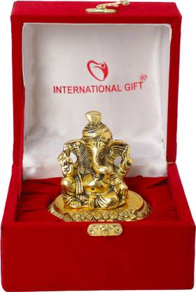 INTERNATIONAL GIFT Gold Plated Pagdi Ganesh Idol Murti With Box & Bag | For Pooja, Mandir Decorative Showpiece  -  22 cm