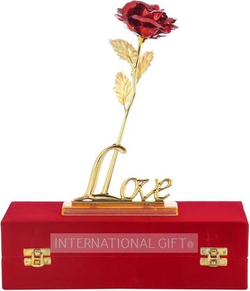 INTERNATIONAL GIFT Gold Plated Artificial Red Rose Flower With Love Stand | Box & Bag | For Gift Decorative Showpiece  -  8 cm