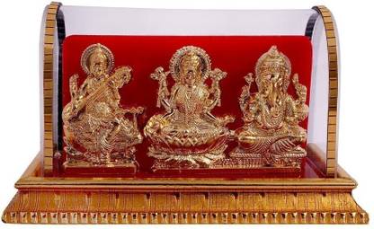 INTERNATIONAL GIFT Gold Plated Laxmi Ganesh Saraswati Idol In Acrylic Box | For Pooja Religious Tile