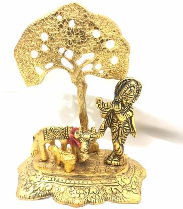 Anjali collection Metal Krishna with Cow Standing Under Tree Playing Flute Decorative Show piece Decorative Showpiece  -  8 cm