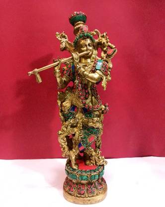 sudarshanarts 15" Brass Krishna Statue Hare Krishna Statue,Colourful Krishna with Stone Work Decorative Showpiece  -  36 cm
