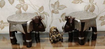 VERAC Wooden with German silver hand embossed sheet elephant table!! Decorative Showpiece  -  20 cm