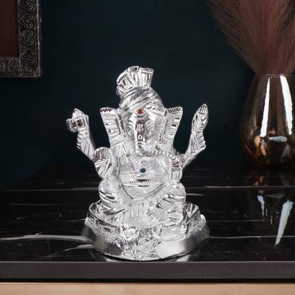 jy Pagdi Ganesh God Idol | White Metal | Silver Colour - 16cm Decorative Showpiece  -  16 cm