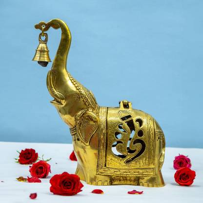 Puja N Pujari Brass Elephant Lamp with Small Diya and Dhoopdani Holder with Bell Decorative Showpiece  -  27 cm