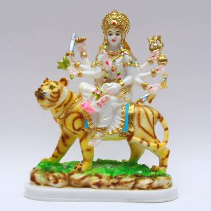 S patnaik Gold Plated Durga Maa Idol Sherawali MATA Devi Murti Cultured Marble 9 Inch Decorative Showpiece  -  22 cm