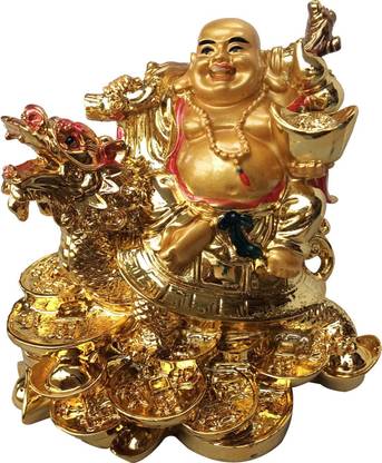 Ehatti Laughing Buddha Sitting on Dragon & Coins with Ingot Potli Decorative Showpiece  -  7 cm
