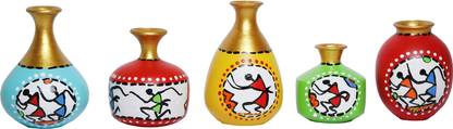 akarveercrafts Terracotta 5 Miniature Small Size Warli Painting Pots Home & Office Decorative Decorative Showpiece  -  3.5 cm
