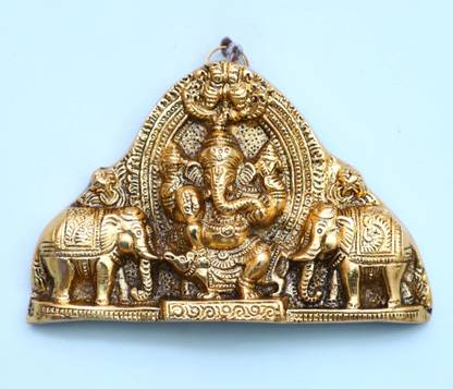 WORLDOFCRAFT Ganesha Idol with Elephant Pair Metal Wall Hanging Decorative Showpiece Decorative Showpiece  -  10.5 cm