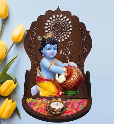 SHREE RAM IMPEX Baby Krishna Resin Sculpture Lord Krishna Idol with Wooden Mini Temple Decorative Showpiece  -  22 cm