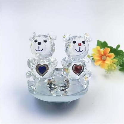 Adfresh Crystal Teddy Bears Figurines| Clear Glass Couple Teddy Bears Ornaments Decorative Showpiece  -  7 cm