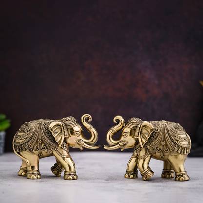 shyam antique creation Set of 2 Pc Trunk Up Elephant Sculpture Elephant Statue Hathi Figurine for Home Decorative Showpiece  -  10.16 cm