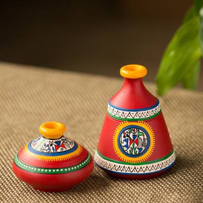 ExclusiveLane Warli Hand-Painted Terracotta Mini Pots (Set of 2, Red) Table Décor Decorative Showpiece - 11 cm