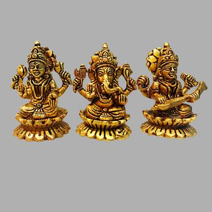 Kapil Steel Laxmi Ganesh Saraswati Brass Idol | Laxmi Ganesh Murti Gold Colour Decorative Showpiece  -  7.5 cm