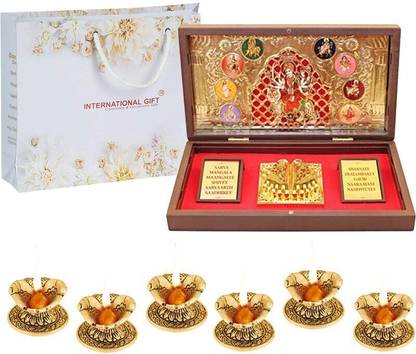 SMILES GIFT Gold Plated Nav Durga Mata Idol Charan Paduka Box With 6 Diya | For Pooja Decorative Showpiece  -  12 cm