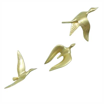 Two Moustaches Brass Flying Birds Wall Hanging Set, Flying birds for Home Decor Decorative Showpiece  -  15 cm