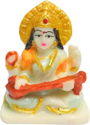 Ayyappantraders Marble Sarawathi Devi Statue with Veena|White Marble Saraswathy Devi Idol Decorative Showpiece  -  7 cm
