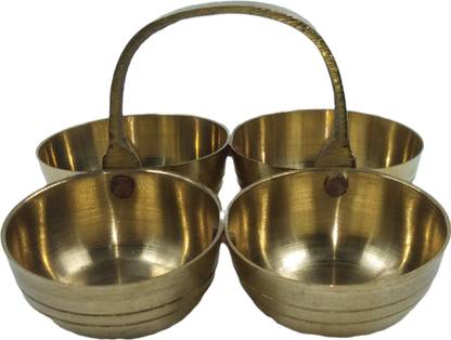 MAA MANSA DEVI Brass Puja Roli Chawal Elaichi Mishri 4 Bowl Stand Brass (1 Pieces Gold) Decorative Showpiece  -  8 cm