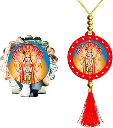 SANBIA Vishnu Narayan Hari Silver Car Dashboard Idol & Red Car Hanging Combo (Set of 2) Decorative Showpiece  -  8 cm