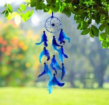 Puci Puci Handmade Dream Catchers, Wall Hangings with Single Ring Blue Nylon, Feather Dream Catcher
