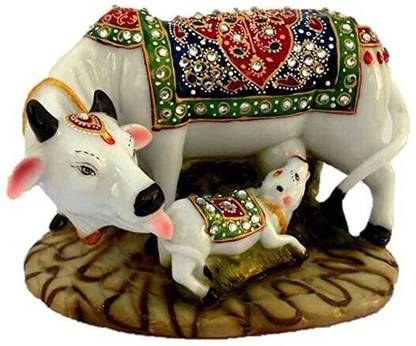 ANSH OUTLET Pooja Room Marble Decorative Kamdhenu Religious Showpiece I Cow & Calf Statue Decorative Showpiece  -  13 cm