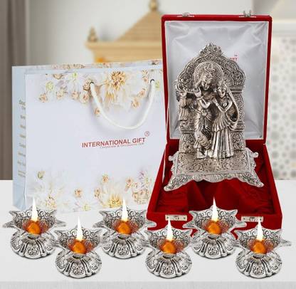 INTERNATIONAL GIFT Silver Plated Radha Krishna Idol Statue With 6 Jyot | Box & Bag | For Pooja Decorative Showpiece  -  18 cm