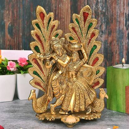 Koolwal craft Radha Krishna Idol Statue with Diya Peacock Design Decorative Showpiece Decorative Showpiece  -  20 cm