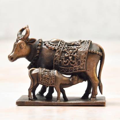 Bhimonee Decor Bhimonee Decor| Copper Kamadhenu Cow & Calf Idol | 150g | Patina Antique Finish Decorative Showpiece  -  4.6 cm