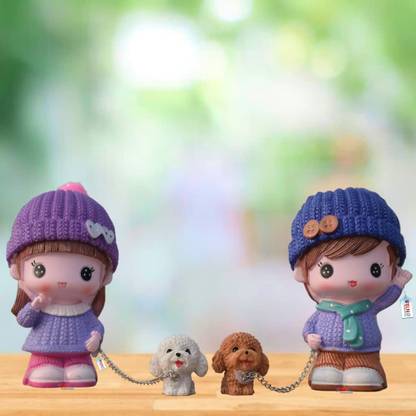 mark india Cute & Lovely Boy Girl and Dog Car Cute Resin Ornaments Suit. Decorative Showpiece  -  15 cm