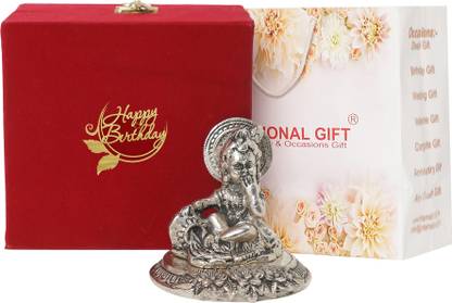 INTERNATIONAL GIFT Silver Laddu Gopal Idol Oxidized Finish With Happy Birthday Wishes Decorative Showpiece  -  9 cm