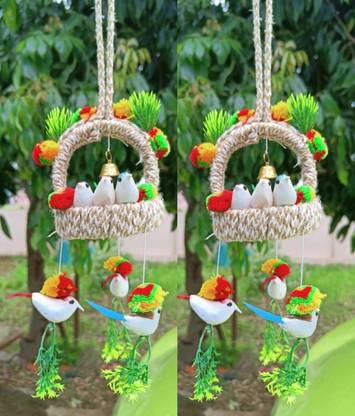 ds Birds with Hanging Nest for Home Decoration (Pack of 2) Decorative Showpiece - 9 cm (Jute, Multicolor)