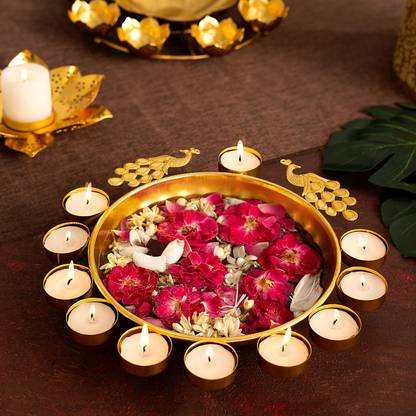 DecorTwist Peacock Design Metal Urli Bowl Urali for Floating Flower Decoration Uruli Decorative Showpiece  -  6.4 cm