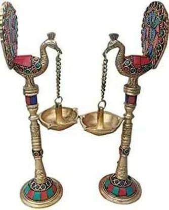 moonart Bird Diya Oil Lamp Chain Showpiece in Multi Coloured Gemstone Handwork Idol Decorative Showpiece  -  23 cm