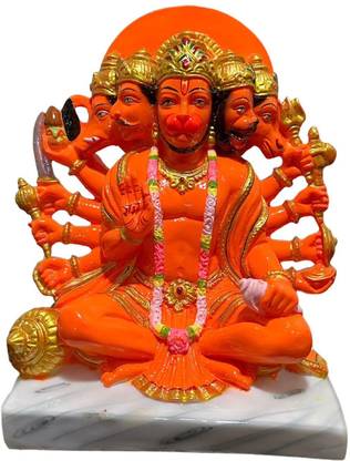 krishnagallery1 ORANGE Panchmukhi Hanuman Ji Statue Murti Marble Finish , Hanuman Idol , Ram darbar Hanuman , Panchmukhi Hanuman ( For Car Dashbord , Home Temple , Office Temple , Gifted use ) Decorative Showpiece  -  18 cm
