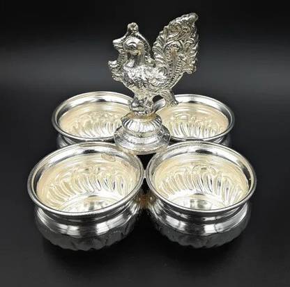 G K Exclusive German Silver 4 Cups Panchwala Or Haldi Kumkum Holder for Puja and Gift Purpose Decorative Showpiece  -  12 cm