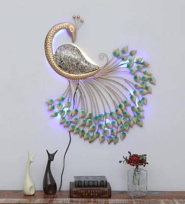 MAHIARTNCRAFTS Gold green muzaik peacock led Decorative Showpiece  -  76 cm