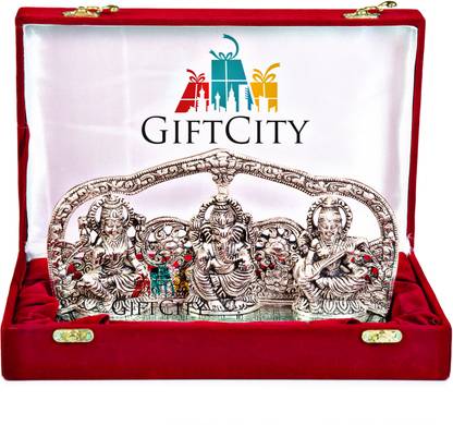 GIFTCITY Laxmi Ganesh Saraswati Ji idol Murti in Velvet Box Decorative Showpiece  -  14 cm